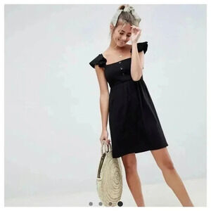 ASOS Black Babydoll Mini Dress Sze 6 Empire Waist Stretch Cocktail Fringe Sleeve